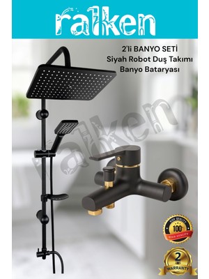 Ralken 2'li Siyah Banyo Batarya Duş Seti; Siyah Robot Duş Seti ve Siyah Gold Banyo Bataryası - Yağmurlama Tepe Duş Takımı