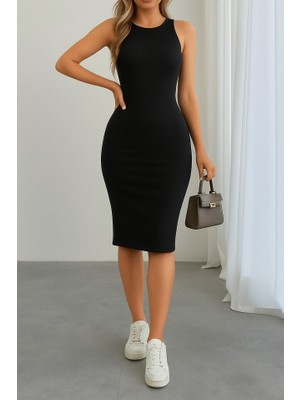 Kendim Fashion Kadın Omuzlardan Açık Bisiklet Yaka Janjan Krep Elbise