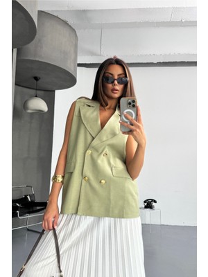 Kendim Fashion Gold Düğmeli Keten Yelek - Yeşil