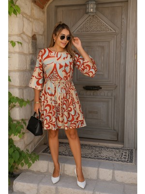 Kendim Fashion Kadın Kısa Balon Kollu Yuvarlak Yakalı Pileli Desenli Mini Elbise