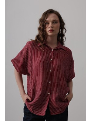 Kendim Fashion Yarım Balon Kol Çizgili Gömlek - Bordo