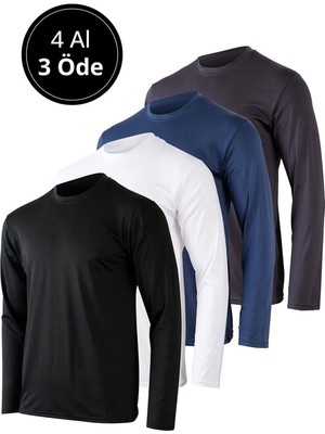 Rich Erkek Siyah-Beyaz-Antrasit-Lacivert 4'lü Paket Basic Uzun Kollu Tişört Sporcu Body T-Shirt