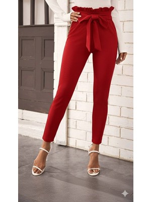 Kendim Fashion Kadın Yüksek Bel Beli Fırfırlı Önden Bağlamalı Ithal Krep Pantolon