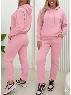 Kendim Fashion Kadın Uzun Kollu Kapşonlu Bağcıklı Üç Iplik Bluz ve Pantolon Ikili Takım