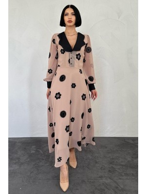 Kendim Fashion Vizon Yaka Nakışlı Elbise