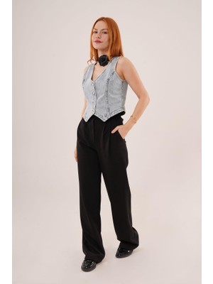 Kendim Fashion Düğme ve Ön Dikiş Detaylı Mavi Jean Yelek