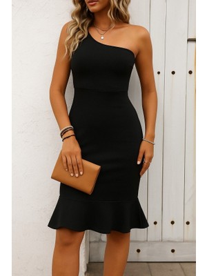 Kendim Fashion Kadın Tek Omuz Askılı Etegi Volanlı Janjan Krep Elbise