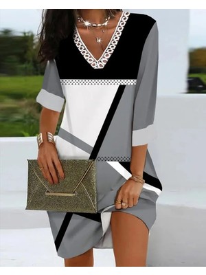 Kendim Fashion Kadın Fakir Kollu V Dantel Yaka Geometrik Desenli Dalgıç Elbise