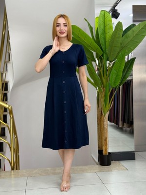Kendim Fashion Kadın Kısa Kollu V Yakalı Önden Düğmeli A Kesim Dokuma Elbise