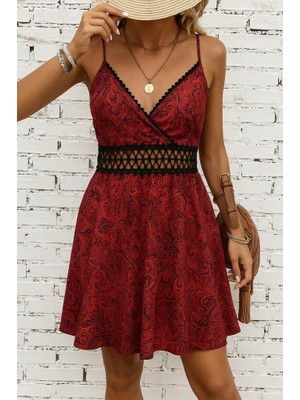 Kendim Fashion Kadın Ip Askılı Kruvaze Yakalı Desenli Mini Süprem Mini Elbise