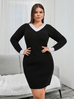 Kendim Fashion Kadın Uzun Kollu V Yakalı Kısa Triko Elbise