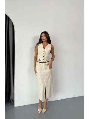 Kendim Fashion Yelek-Önden Yırtmaçlı Etek Tk Şantuk Keten - Ham