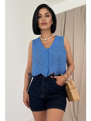 Kendim Fashion Mavi Sıfır Kol Brode Bluz