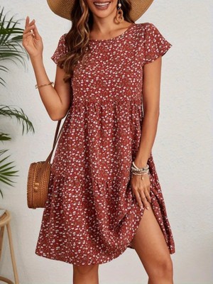 Kendim Fashion Kadın Kısa Kollu Bisiklet Yaka Çiçek Desenli Süprem Elbise