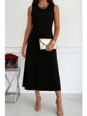 Kendim Fashion Kadın Sıfır Kollu Bisiklet Yaka Midi Viskon Iki Iplik Elbise