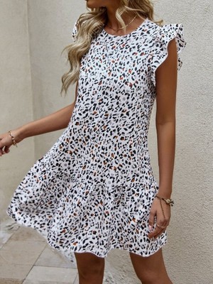 Kendim Fashion Kadın Kısa Kollu Bisiklet Yaka Etek Ucu Volanlı Kısa Dokuma Elbise