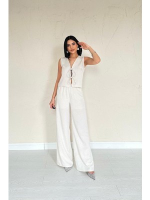 Kendim Fashion Bej Önü Fiyonklu Keten Takım