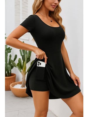 Kendim Fashion Kadın Kısa Kollu Kare Yaka Short Detaylı Cepli Dalgıç Elbise