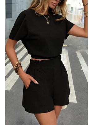 Kendim Fashion Kadın Kısa Kollu Yuvarlak Yakalı Ithal Keten Bluz ve Short Ikili Takım