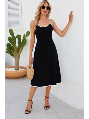 Kendim Fashion Kadın Ip Askılı Geniş V Yakalı Midi Janjan Krep Elbise