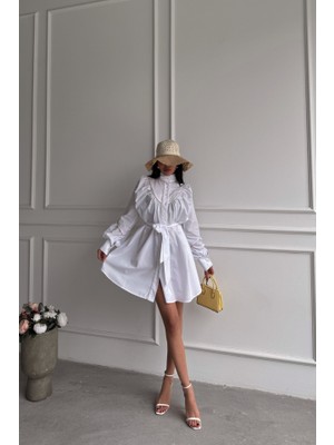Kendim Fashion Önden Düğmeli Poplin Kloş Elbise Bağlama Kemer Detaylı - Beyaz
