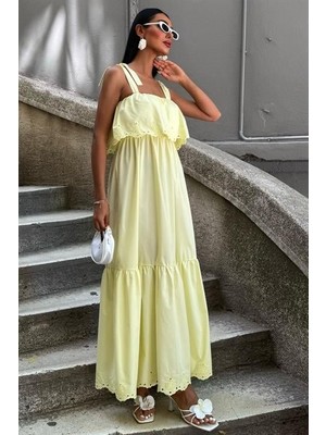 Kendim Fashion Etek Ucu Brode Nakışlı Boyundan Bağlamalı Elbise 2881