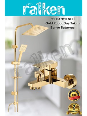 Ralken 2'li Gold Banyo Batarya Duş Seti; Gold (Altın) Robot Duş Seti ve Kare Gold Banyo Bataryası - Yağmurlama Tepe Duş Takımı