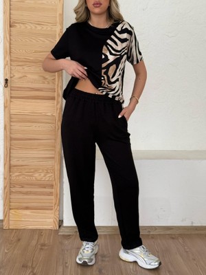 Kendim Fashion Kadın Bisiklet Yaka Kısa Kol Leopar Desen Bluz ve Pantolon Ikili Takım