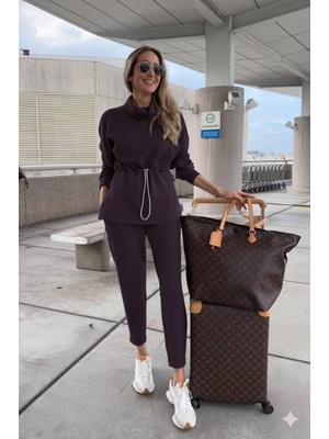 Kendim Fashion Kadın Uzun Kollu Balıkçı Yaka Belden Lastikli Modal Bluz ve Pantolon Ikili Takım