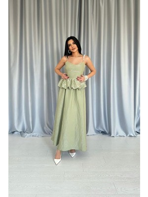 Kendim Fashion Yeşil Beli Büzgülü Inci Askılı Uzun Elbise