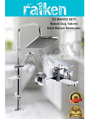 Ralken 2'li Banyo Batarya Duş Seti; Krom Robot Duş Seti ve Kare Banyo Bataryası - Yağmurlama Tepe Duş Takımı