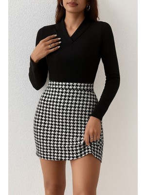 Kendim Fashion Kadın Uzun Kollu V Yakalı Kaz Ayağı Desenli Şardonlu Dalgıç Elbise