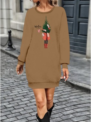 Kendim Fashion Kadın Uzun Kollu Bisiklet Yaka Desenli Kısa Viskon Iki Iplik Elbise