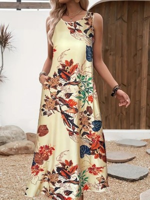 Kendim Fashion Kadın Askılı Yuvarlak Yaka Cepli Desenli Süprem Elbise