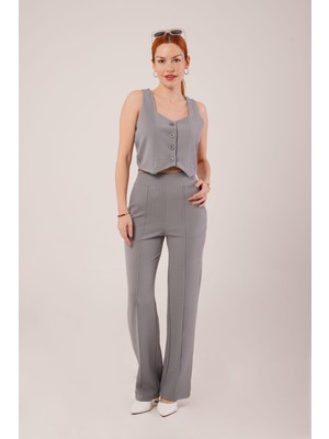 Kendim Fashion Kalın Askılı Düğmeli Yelek ve Pantolon Gri Takım