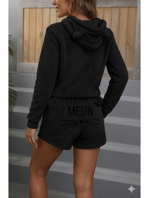 Kendim Fashion Kadın Uzun Kollu Kapşonlu Peluş Bluz ve Kısa Short Ikili Takım