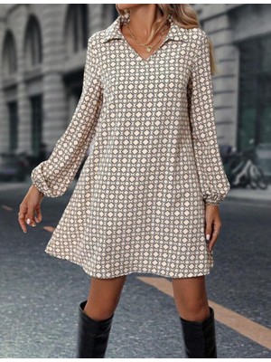 Kendim Fashion Kadın Uzun Kollu Yakalı Desenli Mini Modal Elbise