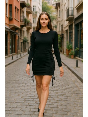 Kendim Fashion Kadın Uzun Kol Büzgü Detaylı Sandy Kumaş Ayarlanabilir Boy Fırsat Ürün Elbise