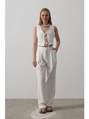 Kendim Fashion Bağlamalı Yelek - Beyaz