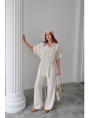 Kendim Fashion Keten Belden Büzgü Detaylı Gömlek - Pantolon Takım - Taş