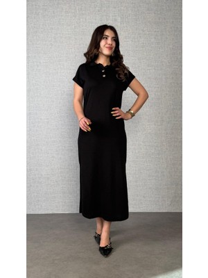 Kendim Fashion Kadın Kısa Kollu Yakalı Yandan Yırtmaçlı Viskon Iki Iplik Elbise