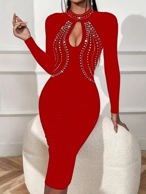 Kendim Fashion Kadın Uzun Kollu Balıkçı Yaka Taşlı Damla Detay Midi Ithal Krep Elbise