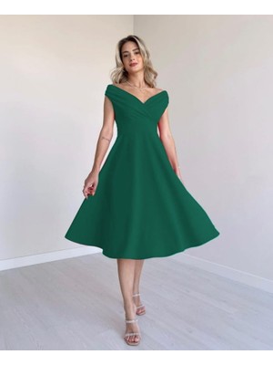 Kendim Fashion Kadın Kısa Kollu Kruvaze Yaka Eteği Volanlı Krep Elbise
