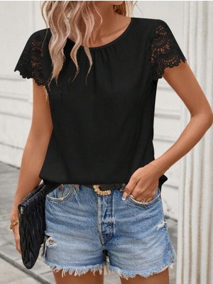 Kendim Fashion Kadın Kısa Dantel Kollu Bisiklet Yaka Sandy Bluz