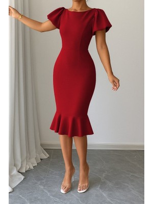 Kendim Fashion Kadın Kısa Kollu Yuvarlak Yaka Pileli Janjan Krep Elbise