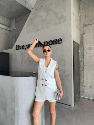 Kendim Fashion Keten Yelek - Şort Takım - Beyaz