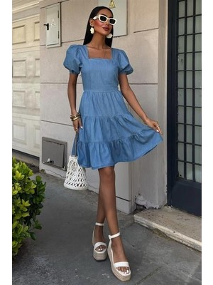 Kendim Fashion Kare Yakalı ve Gipe Detaylı Tensel Elbise 2883