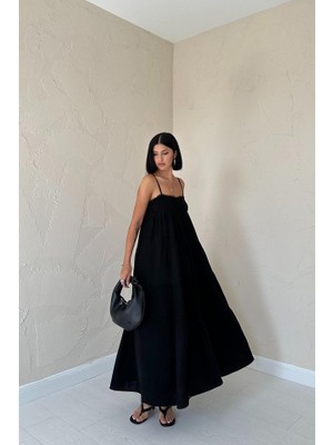 Kendim Fashion Siyah Askılı Parçalı Müslin Elbise