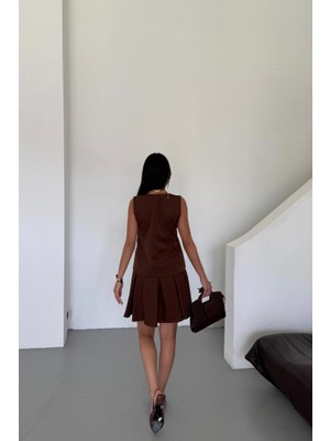 Kendim Fashion Yelek - Pileli Etek Görünümlü Elbise - Kahverengi