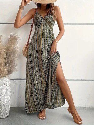 Kendim Fashion Kadın Ip Askılı Sırttan Çapraz Detaylı Yırtmaçlı Desenli Süprem Elbise